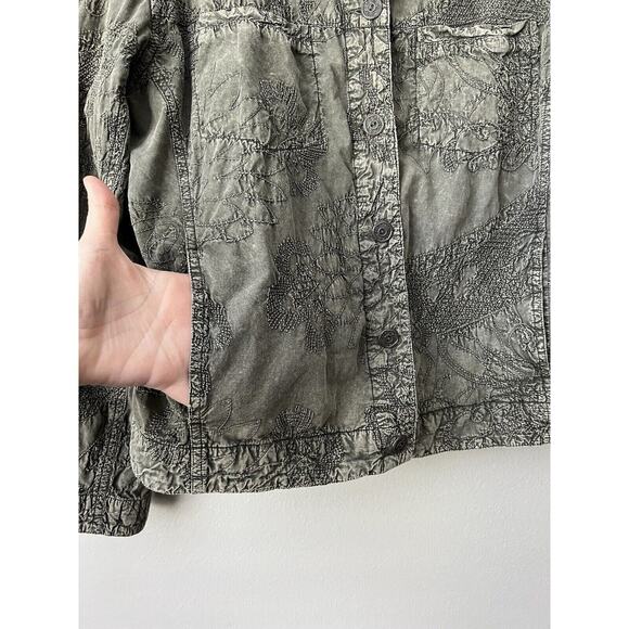 Chicos Jacket Womens Medium Green Embroidered Button Down Textured Pockets Boho - Picture 9 of 13